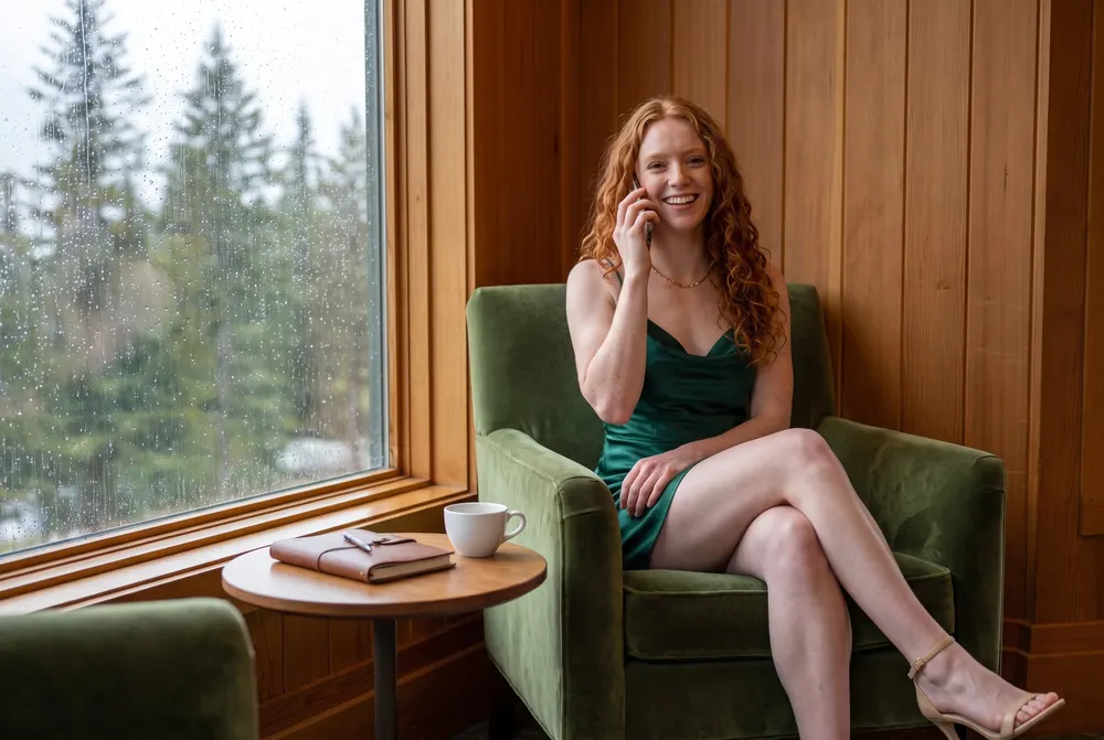 Isla Whitcombe sits in a green velvet armchair by a rainy window, a phone to her ear and a coffee beside her. A character created for the guide; AI-generated image.